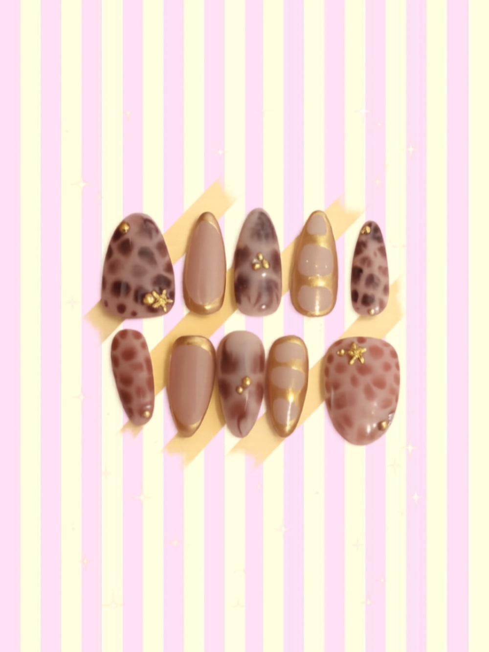 Neutral Brown Leopard Print Press-On Nail Set with Gold Accents